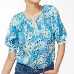 Chico's Blouse Womens14 Blue Tropical Shell Puff Sleeve Summer Boho Button Up